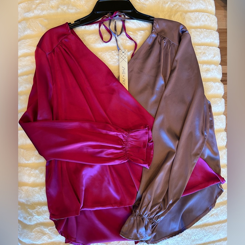 She + Sky Split Satin Surplice Top